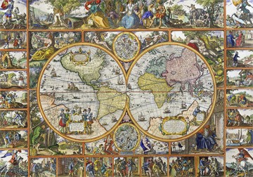 Janz Claes Visscher, Erdkarte in Hemisphren (Karte, Kartenwerk, Kartografie, Weltkarte, Hemisphären, Erde, Geschichte, Geographie, Erdkunde, Klassiker, Bibliothek, Büro, Wohnzimmer, Wunschgröße, bunt)