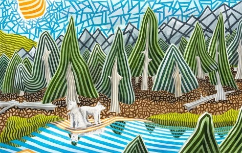 Javier  Ortas, En tierras salvajes (Wald, wildes Land, Bäume, Streifen, Grafik, modern, stilisiert, Wunschgröße, Wohnzimmer, Treppenhaus, bunt)
