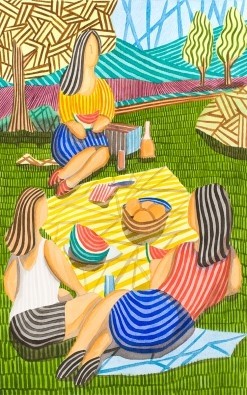 Javier  Ortas, Tres Chicas merendando en el Campo (Piknik, Sommer, junge Mädchen, Freizeit, Streifen, Grafik, modern, stilisiert, Wunschgröße, Wohnzimmer, Treppenhaus, bunt)