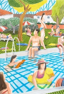 Javier  Ortas, Un dia de Piscina (Schwimmbad, Badende, Schwimmen, Spielen, Spaß, Streifen, Grafik, modern, stilisiert, Wunschgröße, Wohnzimmer, Treppenhaus, Badezimmer, bunt)