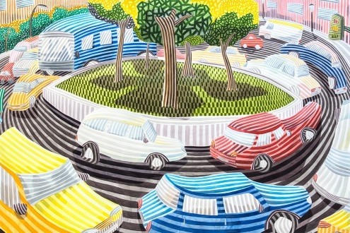 Javier  Ortas, La glorieta (Kreisverkehr, Autos, Autocorso, Insel, Streifen, Grafik, modern, stilisiert, Wunschgröße, Wohnzimmer, Treppenhaus, bunt)