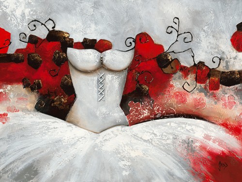 Jadis, Sensibilit  féminine II (Malerei, Abstrakt, moderner Surrealismus, Corsage, Tüll, geometrische Muster, Wunschgröße, Schlafzimmer, Jugendzimmer, weiß / rot)