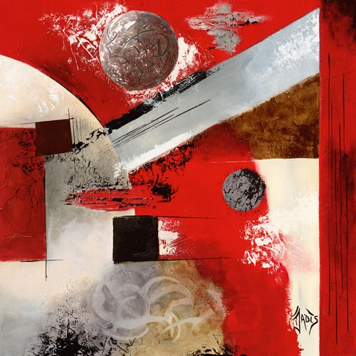 Jadis, volution plantaire II (Modern, Malerei, Abstrakt, geometrische Formen, Energie, Farbfelder, abstrakte Muster, Wunschgröße, Wohnzimmer, Büro, Business, rot, grau)