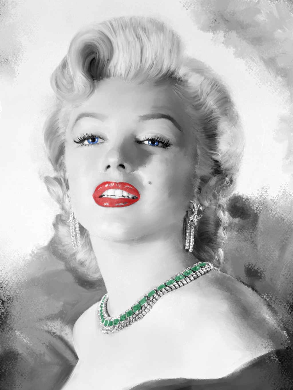 Jerry Michaels, Girls Best Friend I (Marilyn Monroe, Diva, Schauspielerin, Persönlichkeien, Diamanten, Schmuck, Colorspot, Portrait, Fotokunst, Wohnzimmer, Wunschgröße, schwarz/weiß, rot/grün)