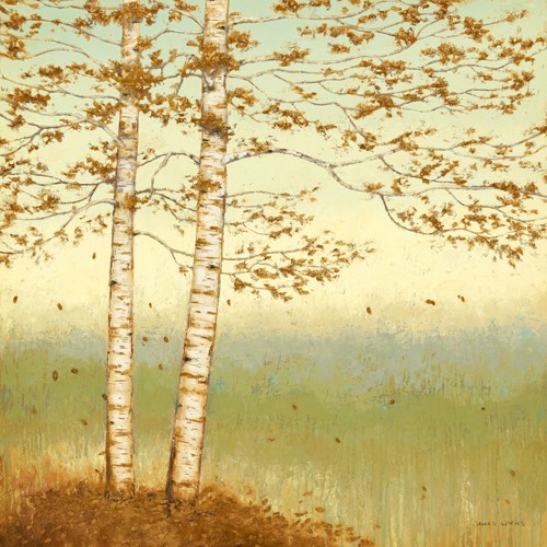 James Wiens, Golden Birch I with Blue Sky (Wunschgröße, Malerei, Natur, Baum, Birken, Dunst, wind, fallende Blätter, Einsamkeit, Herbst, Schlafzimmer, Treppenhaus, Wohnzimmer, bunt)