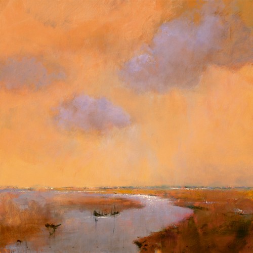 Jan Groenhart, Evening Sky (Landschaft, Ebene, Horizont, Flußlauf, Sonnenuntergang, Abendhimmel, Weite, Natur, Niederlande, Wohnzimmer, Arztpraxis, Schlafzimmer, zeitgenössisch, Malerei, Wunschgröße, bunt)