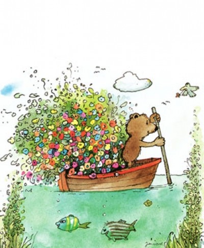 Janosch, Blumen-Fähre (Modern, Kinderwelten, Illustration, Zeichnung, Bär, Boot, Blumenstrauß, Teich, Fische, Kinderzimmer, Treppenhaus, bunt)