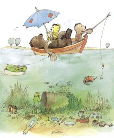 Janosch, Bootsfahrt (Modern, Kinderwelten, Illustration, Zeichnung, Bär, Tiger, Boot, Teich, Regenschirm, Frosch, Fische, Müll, Tigerente, Kinderzimmer, Treppenhaus, bunt)