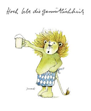 Janosch, Gemütlichkeit (Kinderwelten, Löwe, bayrische Schürze, Prost, Bierkrug, Kinderzimmer, Treppenhaus, bunt)