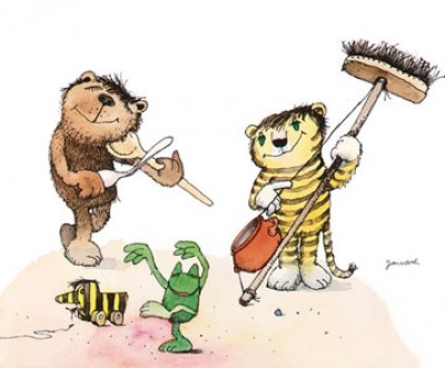 Janosch, Hausmusik (Modern, Kinderwelten, Illustration, Zeichnung, Bär, Tiger, Tigerente, Frosch bunt Musik, Holzlöffel, Besen, Tanz, Kinderzimmer, Treppenhaus, bunt)