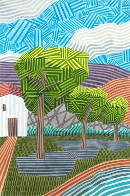 Javier  Ortas, Paisaje con tres arboles (Weg, Spazierweg, Bäume, Idylle, Streifen, Grafik, modern, stilisiert, Wunschgröße, Wohnzimmer, Treppenhaus, bunt)