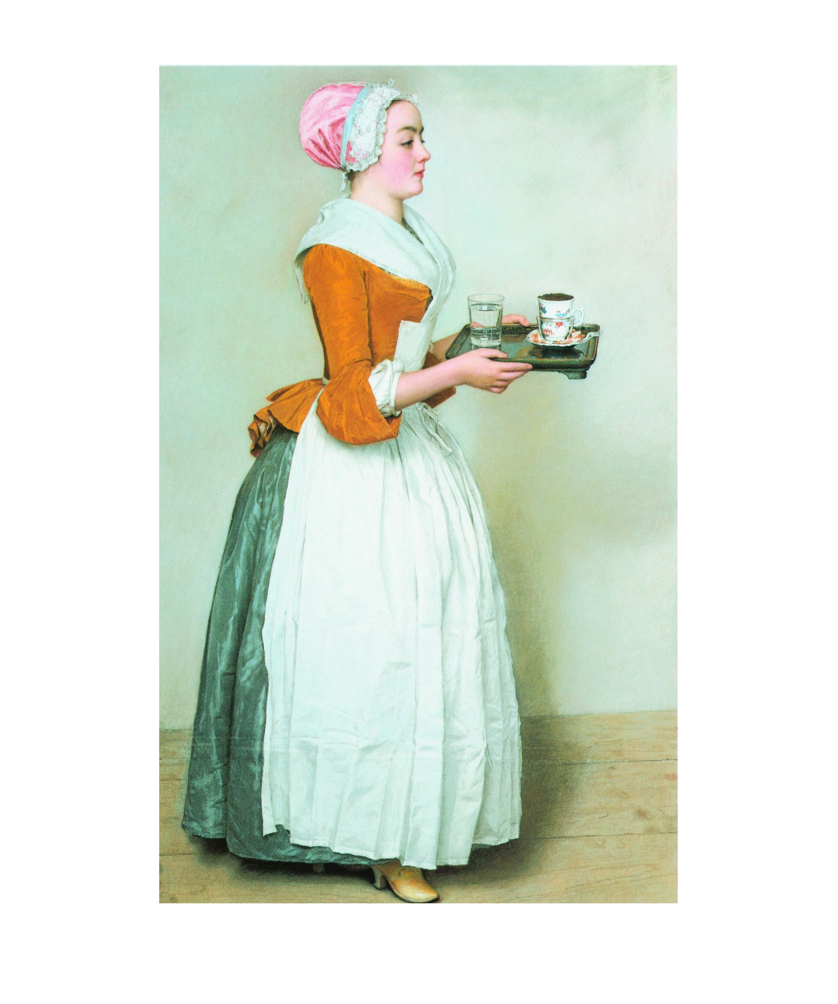 Jean-Étienne Liotard, Girl With Chocolate Drink (Schokoladenmädchen, Frau, Hausmädchen, Hausangestellte, Küche, Romantik, Druck, Klassik, Esszimmer, Wohnzimmer, bunt)