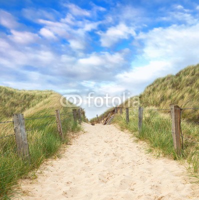 Jenny Sturm, Strandzugang zum Meer durch die Dünen (küste, stranden, eingang, straßen, sanddünen, gras, meer, sand, sommer, natur, hiking, blau, himmel, sylt, deutsch, eingang, spaziergang, gehwege, horizontale, norden, sanddünen, wasser, sonne, allein, leere, allein, urlaub, erholen, zaun, idyll)