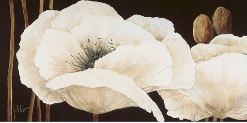 Jettie Roseboom, Amazing Poppies III (Mohn, Mohnblüte, Klatschmohn, Blumen, Blütenblätter, Mohnkapsel, zart, filigran, Malerei, Treppenhaus, Esszimmer, Wohnzimmer, creme/schwarz)