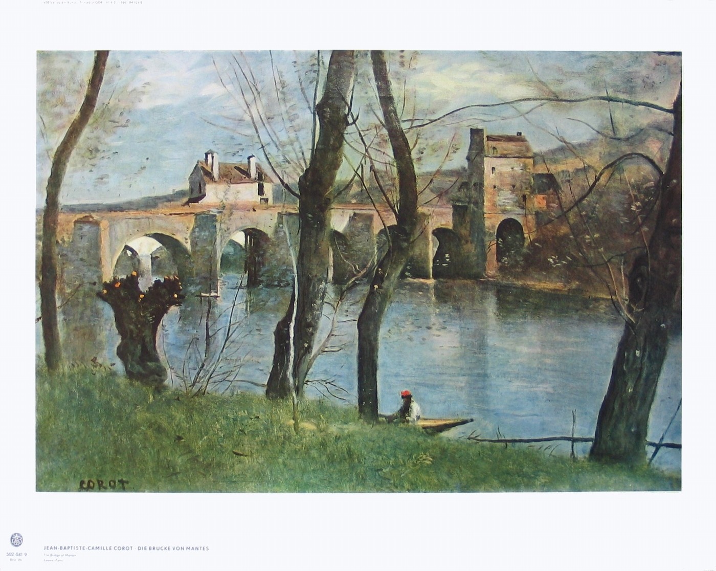 Jean-Baptiste Camille Corot, Die Brücke von Mantes (Landschaft, Landschaftsmalerei, Fluss, Brücke, historisch, Frankreich, Klassiszismus Sommer, Wohnzimmer, Malerei, Klassiker, bunt)