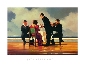 Jack Vettriano, Elegy for The Dead Admiral (People & Eros, Strand, Klagelied, Trauer, Menschen, American Scene, Geiger, Musiker,  Malerei, Wohnzimmer, Treppenhaus, bunt)
