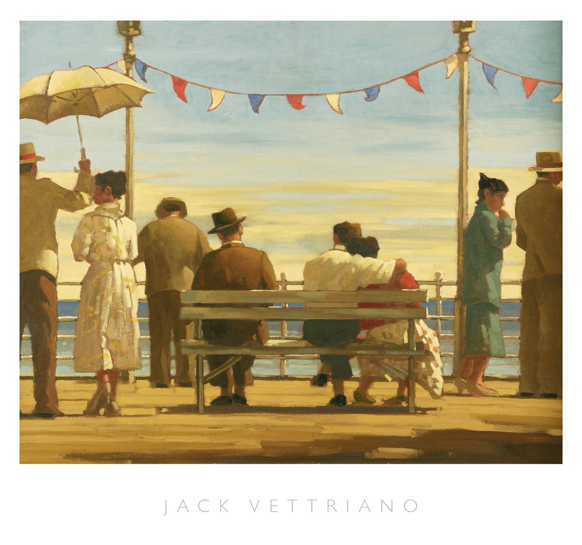 Jack Vettriano, The Pier (People & Eros, Strand, Kleid, Kleider, American Scene, Figur, Menschen, Sonne, Tag, Tageslicht)