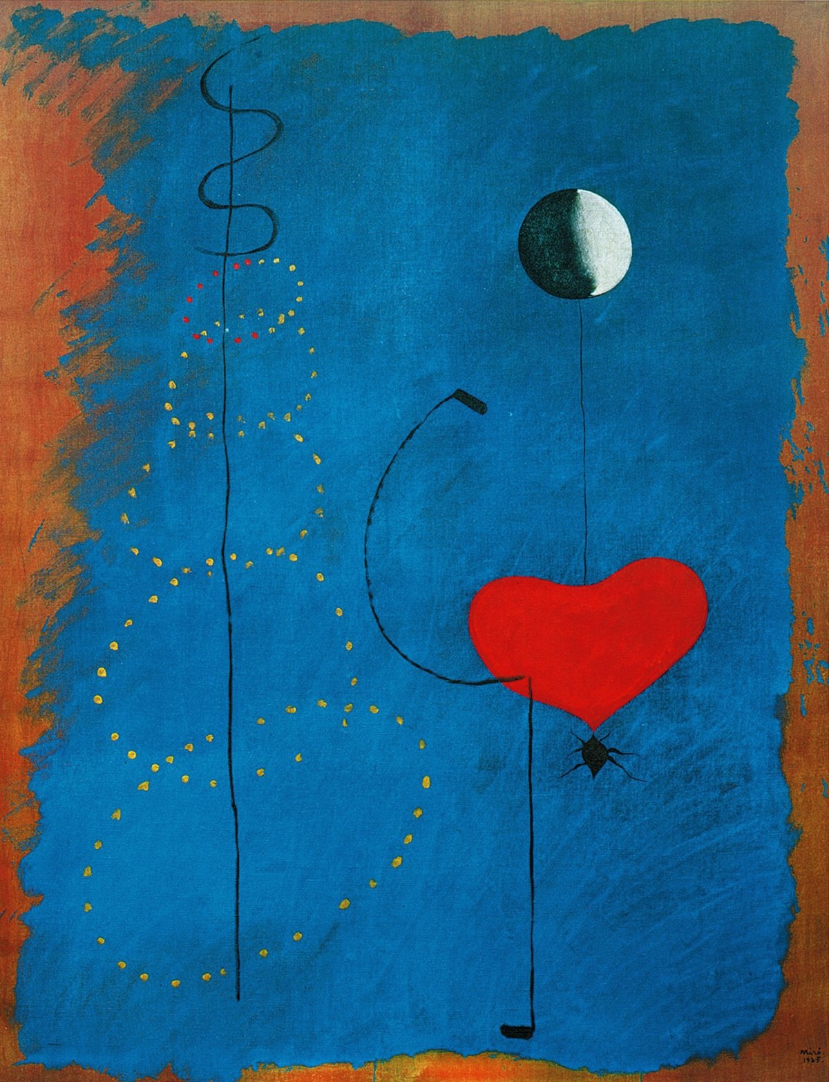 Joan Miro, Ballarina II, 1925 (abstrakte Malerei, schwarze Linien, Farbfläche, rotes Herz, Mond, Spinne, figurativ, Tänzerin, Wohnzimmer, Büro, Treppenhaus, Arztpraxis, blau,Klassische Moderne)