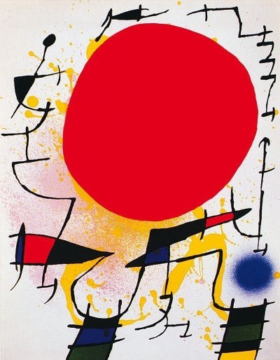 Joan Miro, Le soleil rouge (Abstrakte Malerei, amorphe Formen, Muster, Ornamente,roter Kreis, Wohnzimmer, Treppenhaus,  Klassische Moderne, Malerei, bunt)