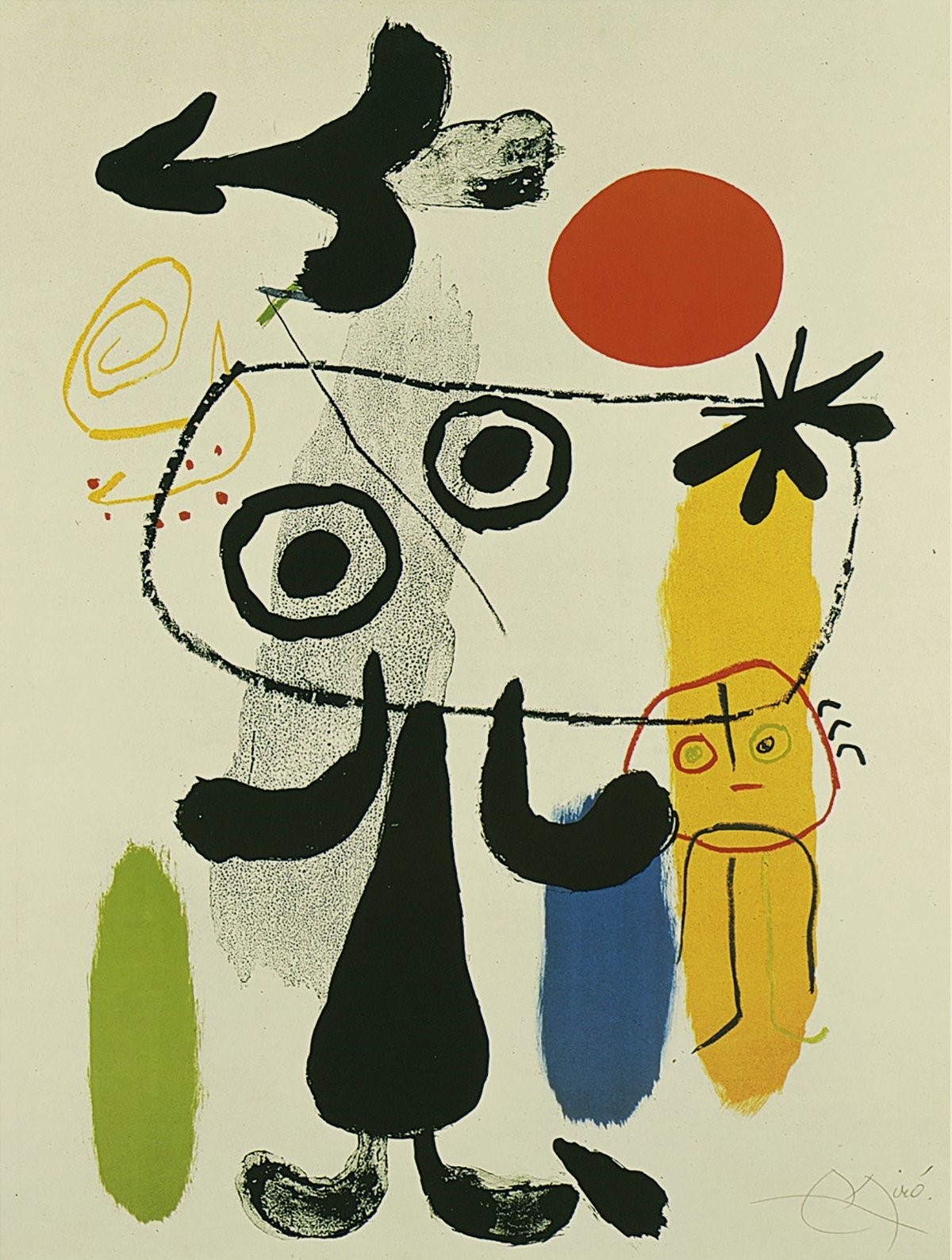 Joan Miro, Figur gegen rote Sonne II (Mischwesen, witzig, Surrealismus, Surreal, figurativ, Muster, Ornamente,  Wohnzimmer, Treppenhaus, Büro, bunt,Klassische Moderne)