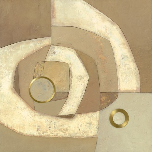 Jodi Jones, Gold Circle (Abstrakt, Abstrakte Malerei, amorphe Formen, Zentrum, Kreisel, Spirale, Wohnzimmer, Business, Büro, Wunschgröße, gold/beige)