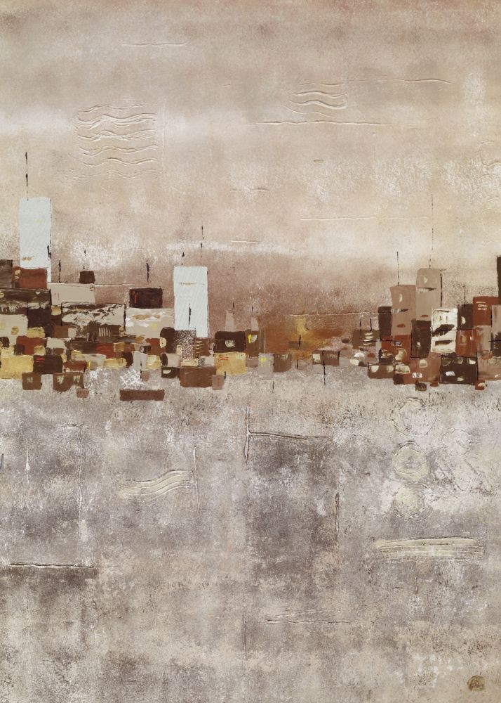 Jodi Phillips, Copper City Ii (Zeitgenössisch, Stadt, Skyline, City, Gebäude, abstrahiert, modern, geometrisch, Rechtecke, Quadrat, Büro, Business, Wohnzimmer, beige/braun)