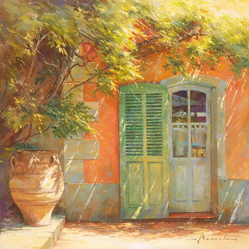 Johan Messely, A l’ombre de la glycine (Malerei, Nostalgie, Garten,  Mediterran, Tür, Schlagladen, Haus, Pflanzen, Terrakotta, Kübel, Entspannung, Ruhe, Schatten,  Idylle, Sonnenlicht, Wohnzimmer, Wintergarten, bunt)