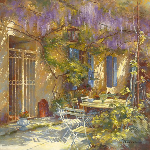 Johan Messely, A la table de Michèle (Wunschgröße, Malerei, Nostalgie, Garten,  Natur, Mediterran, Terrasse, Haus, Pflanzen, Pergola, Entspannung, Ruhe, Schatten,  Idylle, Sonnenlicht, Wohnzimmer, Wintergarten, bunt)