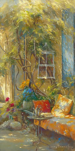 Johan Messely, A lheure du th (Wunschgröße, Malerei, Nostalgie, Garten,  Natur, Mediterran, Liege, Haus, Pflanzen, Blumen, Entspannung, Ruhe, Schatten,  Idylle, Sonnenlicht, Wohnzimmer, Wintergarten, bunt)