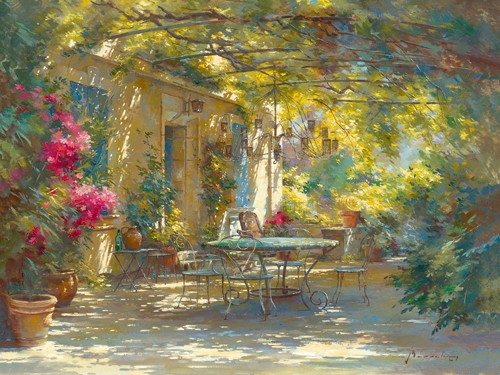 Johan Messely, Ambiance dt (Wunschgröße, Malerei, Nostalgie, Terrasse, Garten,  Natur, Mediterran, Sommer, Haus, Pflanzen, Blumen, Entspannung, Ruhe, Schatten, Idylle, Sonnenlicht, Wohnzimmer, Wintergarten, bunt,)