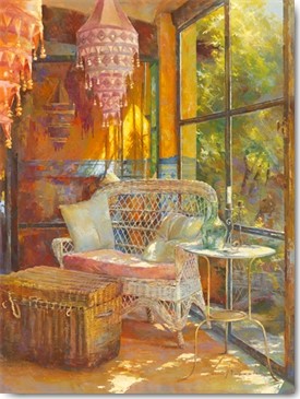 Johan Messely, Ambiance exotique (Wunschgröße, Malerei, Nostalgie,  Interieur, Zimmer, Exotik, exotisches Ambiente, Entspannung, Ruhe, Schatten, Gemütlichkeit, Idylle, Sonnenlicht, Wohnzimmer, Wintergarten, bunt)