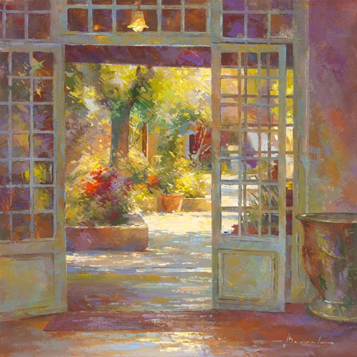 Johan Messely, Au jardin des antiquaires (Malerei, Nostalgie, Garten,  Mediterran, Terrasse, Ausblick, Flügeltür,  Interieur, Haus, Pflanzen, Entspannung, Ruhe, Schatten, Gemütlichkeit, Idylle, Sonnenlicht, Wohnzimmer, Wintergarten, bunt)