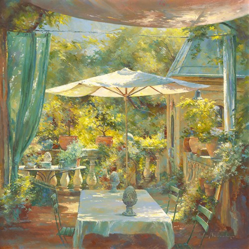 Johan Messely, Bon vivre  à Lourmarin (Wunschgröße, Malerei, Nostalgie, Garten,  Mediterran, Terrasse, Sonnenschirm, Haus, Pflanzen, Entspannung, Ruhe, Schatten,  Idylle, Sonnenlicht, Wohnzimmer, Wintergarten, bunt)