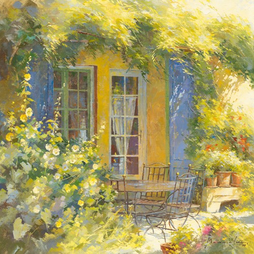 Johan Messely, Bouquet de fleurs (Wunschgröße, Malerei, Nostalgie, Garten,  Natur, Mediterran, Terrasse, Haus, Pflanzen, Frühling, Entspannung, Ruhe, Schatten,  Idylle, Sonnenlicht, Wohnzimmer, Wintergarten, bunt)