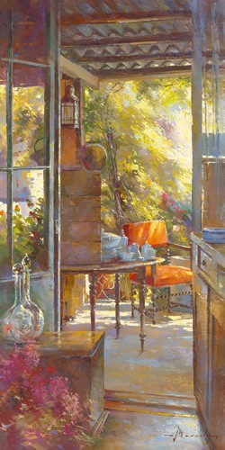 Johan Messely, Chez lantiquaire (Wunschgröße, Malerei, Nostalgie, Mediterran, Terrasse, Haus, Pflanzen, Blumen, Entspannung, Ruhe, Schatten,  Idylle, Sonnenlicht, Wohnzimmer, Wintergarten, bunt)