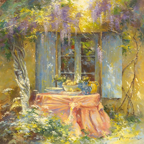 Johan Messely, Couleurs du printemps (Wunschgröße, Malerei, Nostalgie, Garten,  Natur, Mediterran, Terrasse, Haus, Pflanzen, Frühling, Entspannung, Ruhe, Schatten,  Idylle, Sonnenlicht, Wohnzimmer, Wintergarten, bunt)