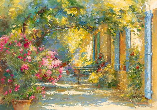 Johan Messely, Explosion (Wunschgröße, Malerei, Nostalgie, Garten, Innenhof, Natur, Mediterran, Sommer, Haus, Pergola, Pflanzen, Blumen, Optimismus, Lebensfreude, Idylle, Sonnenlicht, Wohnzimmer, Wintergarten, bunt)