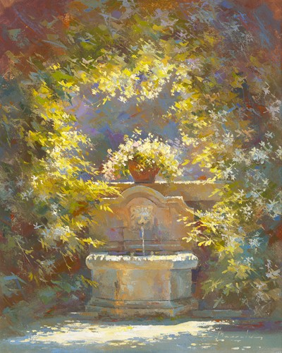 Johan Messely, Fraicheur au Baux de Provence (Wunschgröße, Malerei, Nostalgie, Garten,  Natur, Mediterran, Brunnen, Pflanzen,  Entspannung, Ruhe, Schatten,  Idylle, Sonnenlicht, Wohnzimmer, Wintergarten, bunt)