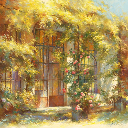 Johan Messely, L’orangerie (Malerei, Nostalgie, Garten,  Mediterran, Terrasse, Gewächshaus, Pflanzen, Entspannung, Ruhe, Schatten,  Idylle, Sonnenlicht, Wohnzimmer, Wintergarten, bunt)