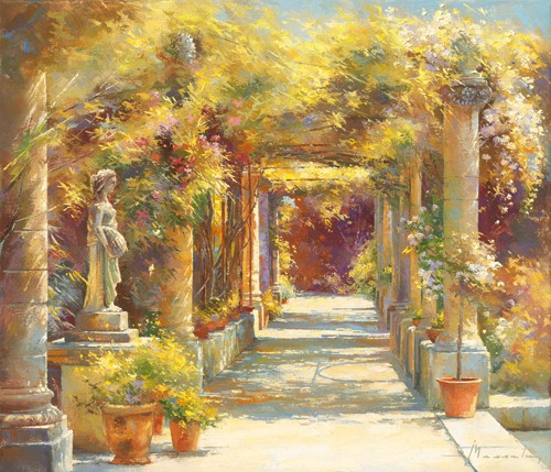 Johan Messely, La pergola de labbaye (Wunschgröße, Malerei, Nostalgie, Garten,  Mediterran, Pergola, Pflanzen, Statue, Entspannung, Ruhe, Schatten,  Idylle, Sonnenlicht, Wohnzimmer, Wintergarten, bunt)