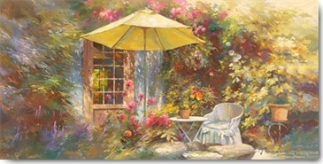 Johan Messely, La terrasse de Marie (Wunschgröße, Malerei, Nostalgie, Garten,  Natur, Mediterran, Terrasse, Haus, Pflanzen,Sonnenschirm, Entspannung, Ruhe, Schatten, Idylle, Sonnenlicht, Wohnzimmer, Wintergarten, bunt)