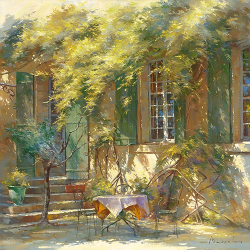 Johan Messely, La terrasse du chteau (Wunschgröße, Malerei, Nostalgie, Garten,  Natur, Mediterran, Terrasse, Haus, Pflanzen, Entspannung, Ruhe, Schatten,  Idylle, Sonnenlicht, Wohnzimmer, Wintergarten, bunt)