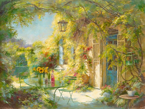 Johan Messely, Lapro chez les amis (Wunschgröße, Malerei, Nostalgie, Garten, Terrasse, Teich, Natur, Mediterran, Sommer, Haus, Tisch, Aperitif, Pflanzen, Blumen, Entspannung, Lebensfreude, Idylle, Sonnenlicht, Wohnzimmer, Wintergarten, bunt)