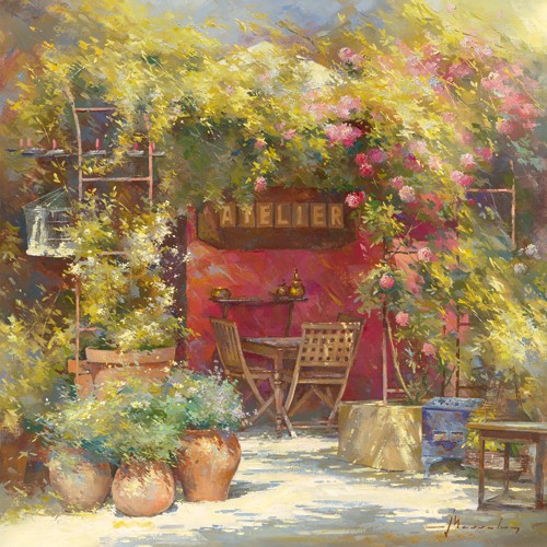 Johan Messely, Latelier (Wunschgröße, Malerei, Nostalgie, Garten,  Natur, Mediterran, Terrasse, Atelier, Haus, Blumentöpfe, Pflanzen, Blumen, Entspannung, Ruhe, Schatten, Mittagshitze, Idylle, Sonnenlicht, Wohnzimmer, Wintergarten, bunt)