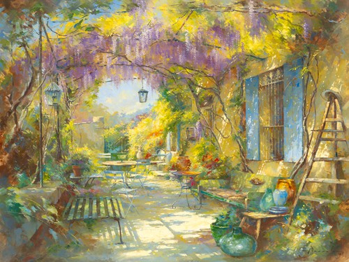 Johan Messely, Le chapeau du peintre (Wunschgröße, Malerei, Nostalgie, Garten, Mediterran, Terrasse, Pergola, Haus, Pflanzen, Blumen, Entspannung, Ruhe, Schatten,  Idylle, Sonnenlicht, Wohnzimmer, Wintergarten, bunt)
