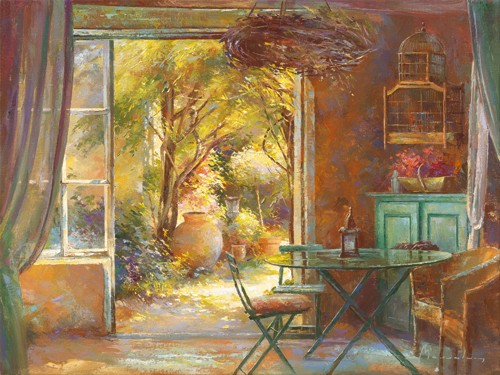 Johan Messely, Le jardin de Bernadette (Wunschgröße, Malerei, Nostalgie, Garten,  Mediterran, Terrasse, Ausblick, Interieur, Haus, Pflanzen, Entspannung, Ruhe, Schatten, Gemütlichkeit, Idylle, Sonnenlicht, Wohnzimmer, Wintergarten, bunt)