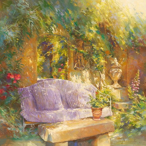 Johan Messely, Le miroir (Malerei, Nostalgie, Garten,  Natur, Mediterran, Terrasse, Haus, Pflanzen, Bank, Liege, Kissen, Entspannung, Ruhe, Schatten, Idylle, Sonnenlicht, Wohnzimmer, Wintergarten, bunt)