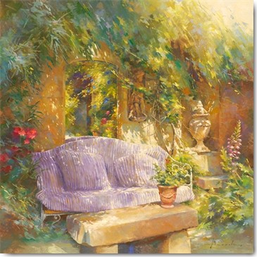 Johan Messely, Le miroir (Wunschgröße, Malerei, Nostalgie, Garten,  Natur, Mediterran, Terrasse, Haus, Pflanzen, Bank, Liege, Kissen, Entspannung, Ruhe, Schatten, Idylle, Sonnenlicht, Wohnzimmer, Wintergarten, bunt)