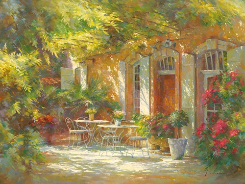 Johan Messely, Le vieux relais de poste (Malerei, Nostalgie, Garten,  Natur, Mediterran, Terrasse, Haus, Pflanzen, Pergola, Entspannung, Ruhe, Schatten, Idylle, Sonnenlicht, Wohnzimmer, Wintergarten, bunt)