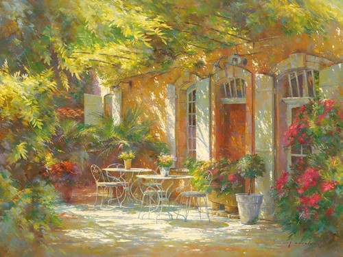 Johan Messely, Le vieux relais de poste (Malerei, Nostalgie, Garten,  Natur, Mediterran, Terrasse, Haus, Pflanzen, Pergola, Entspannung, Ruhe, Schatten, Idylle, Sonnenlicht, Wohnzimmer, Wintergarten, bunt)